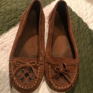 Brown Minnetonka loafers. So comfortable and fun!